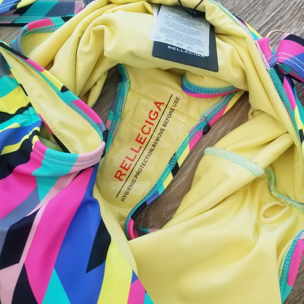 Relleciga One Piece Swimsuit Color Block Geometric Neon Stripe Bodysuit NWT - Picture 9 of 14